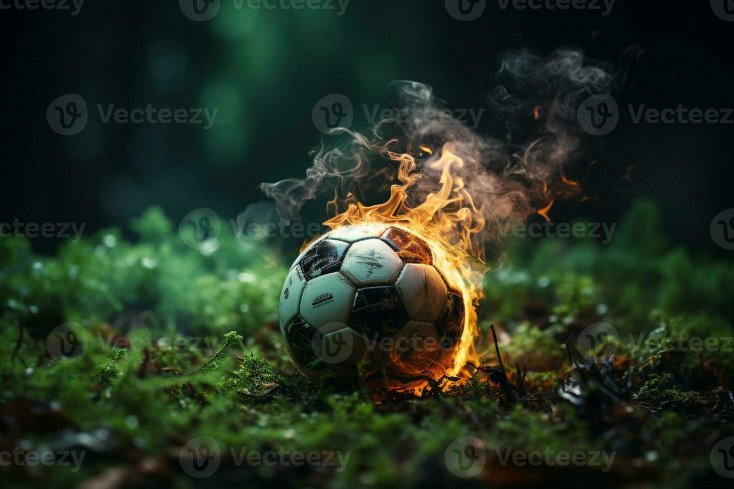 Amidst smoke, soccer ball rests on stadium grass, offering room for creative design AI Generated photo