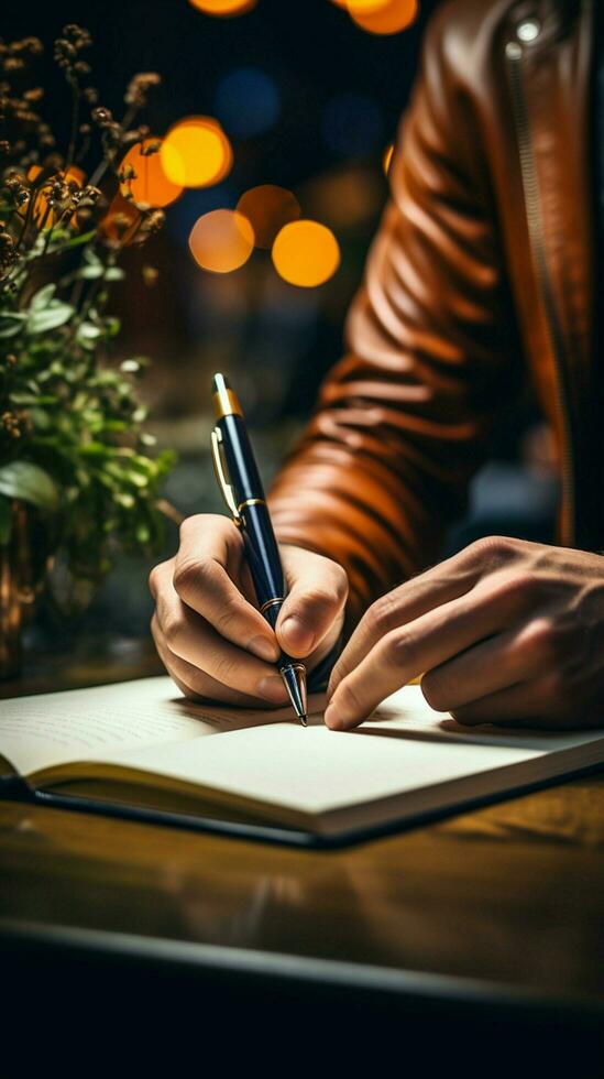 Focused hand writes on a notebook, embracing the art of work Vertical Mobile Wallpaper AI Generated photo