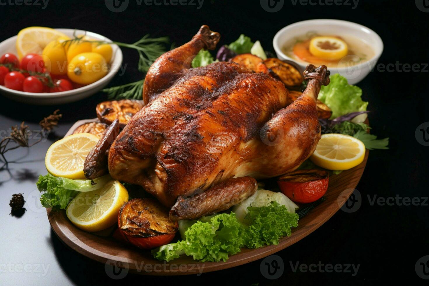 Savory delight Succulent roasted chicken, its flavors enhanced by expert seasoning and cooking AI Generated photo