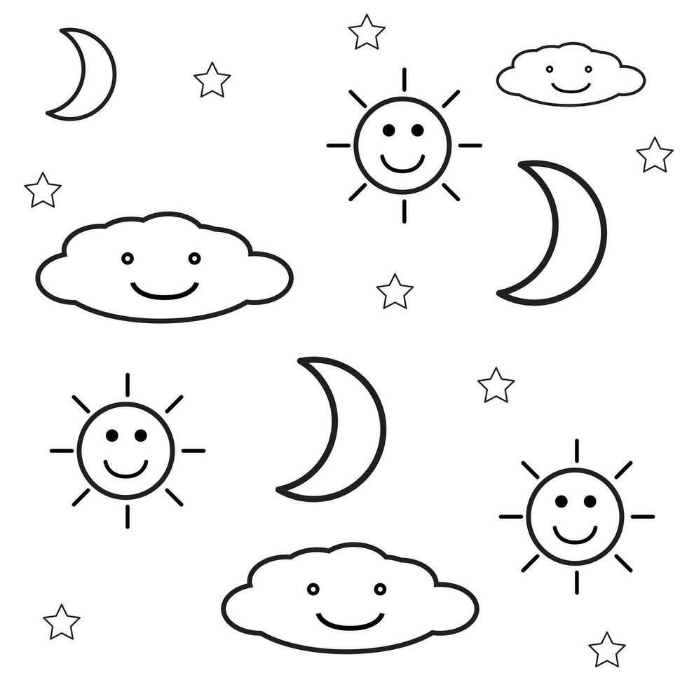 Cute Doodle Clouds, Sun, Stars and Moon Background Design. vector