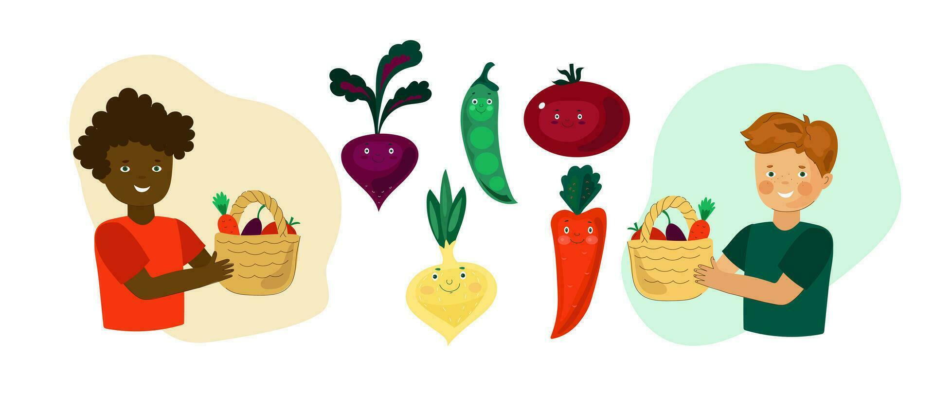 boy and girl holds a baskets of vegetables in his hands. Vector Cartoon vegetables eating for child, funny cute veggies characters, kawaii healthy food
