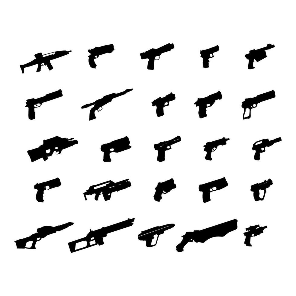 Weapon silhouettes set. Old and Modern Guns, automatic Guns. Set of various modern weapons vector illustration.