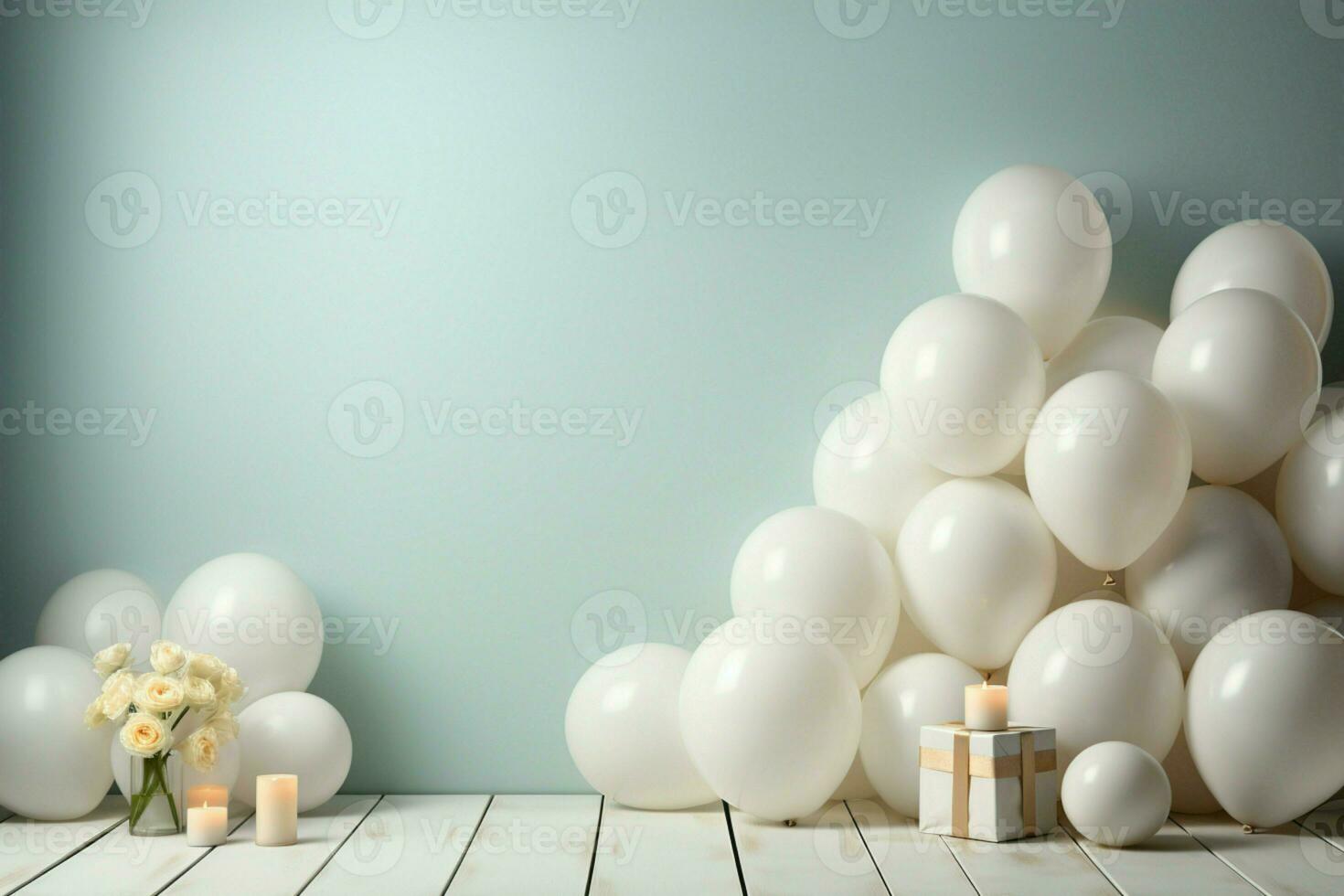Balloon blur backdrop sets stage for versatile white table mockup product montage potential AI Generated photo