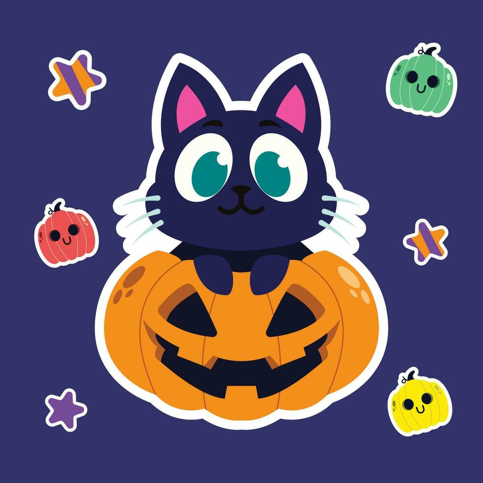 Víspera de Todos los Santos linda gato dentro escalofriante calabaza vector