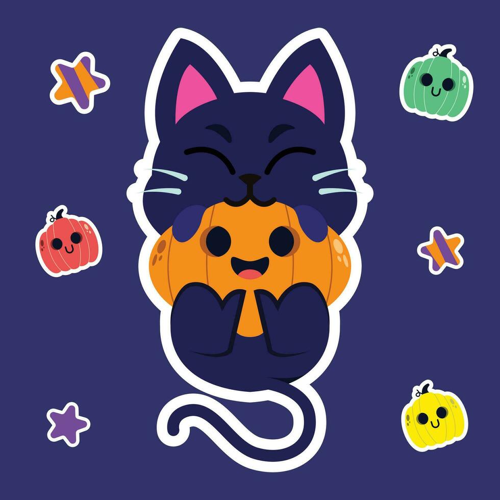 Halloween Cute Cat Playing with Pumpkin vector