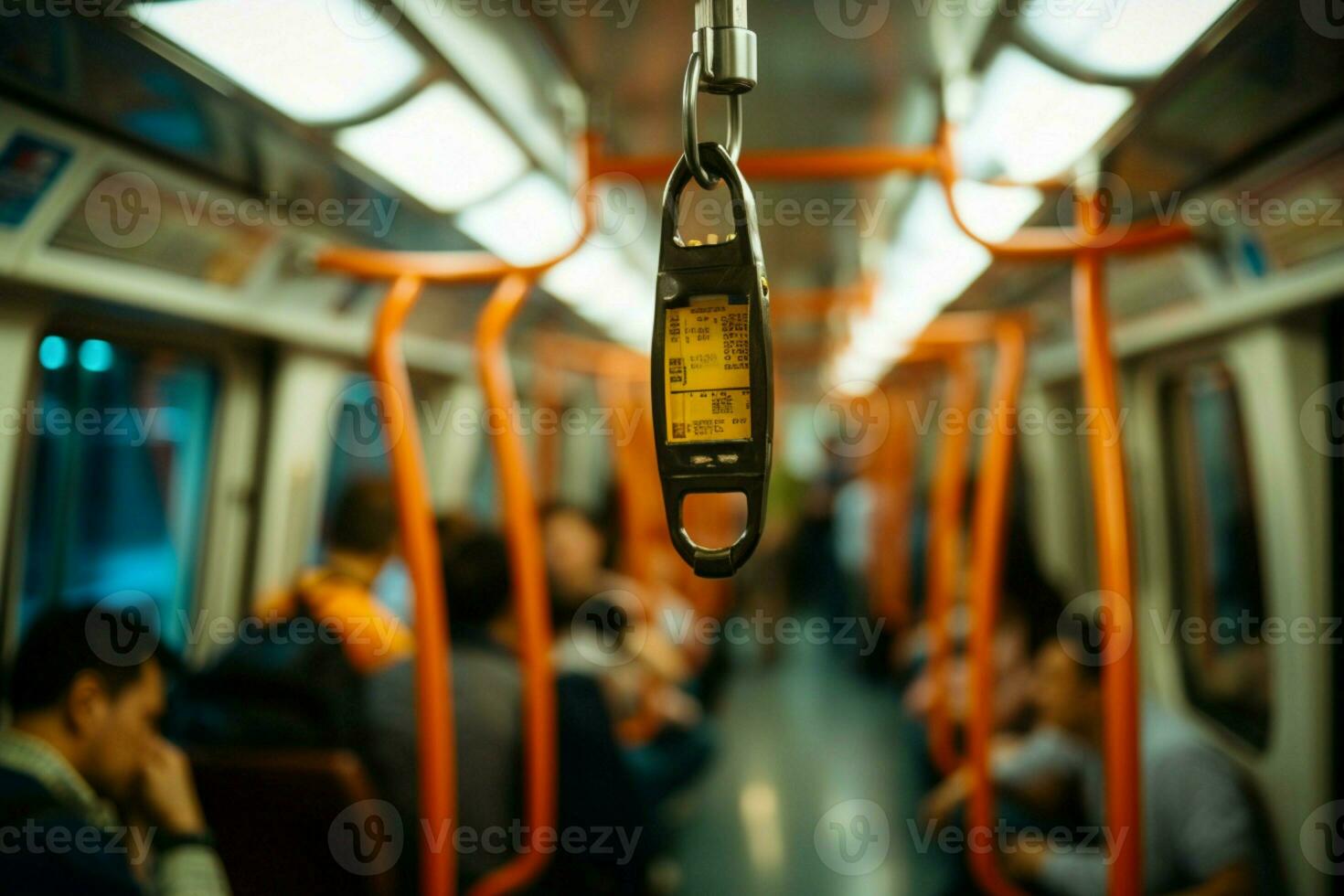 Selective focus Blurred hand grips subway strap, exemplifying safety in public transportation. AI Generated photo