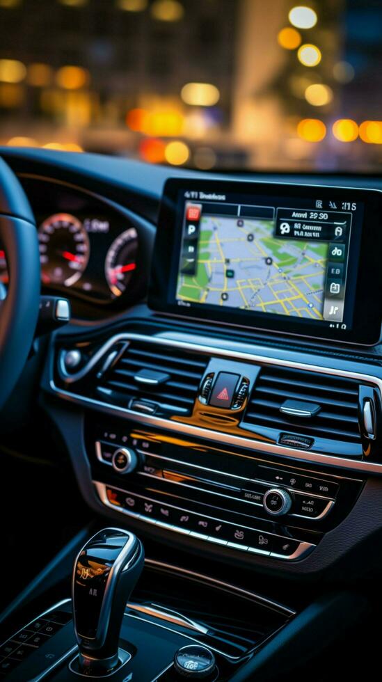 In car GPS app, smartphone displays navigation map for seamless travel Vertical Mobile Wallpaper AI Generated photo