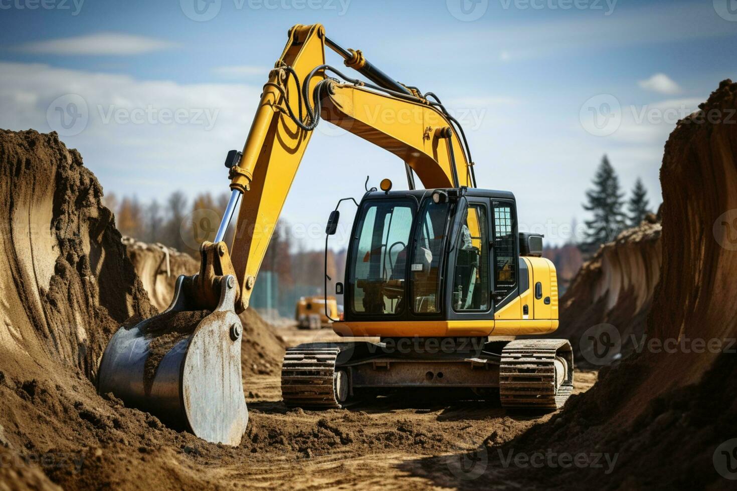 Heavy equipment in action Caterpillar excavator digs, overlooking construction site and concrete pipe. AI Generated photo