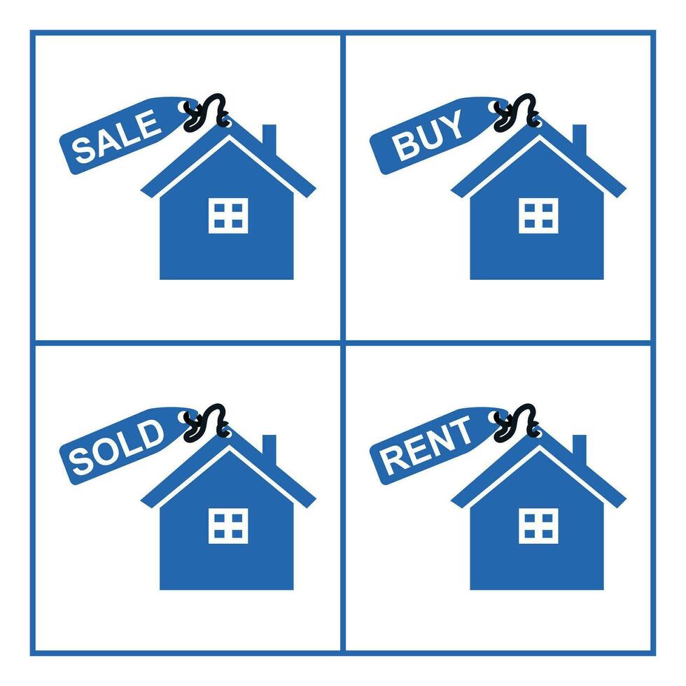 Set of blue icons for sale in the form of a house. Home application ui symbols, sales, rent, buy, house sold. Home button for websites etc vector