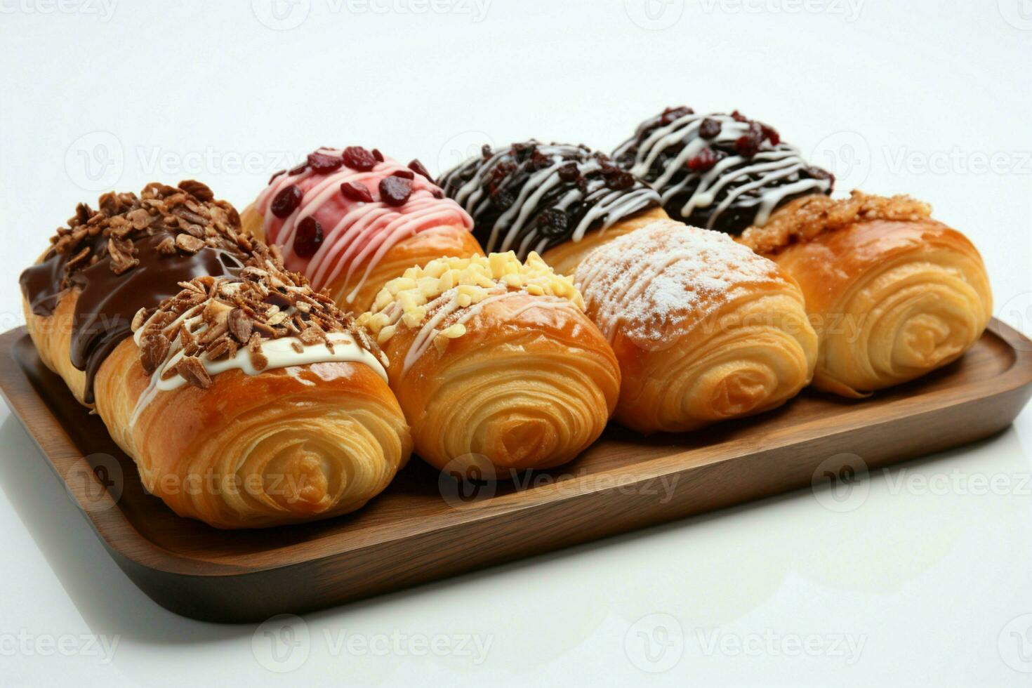 Assorted Danish pastries arranged on a clean, bright white background AI Generated photo