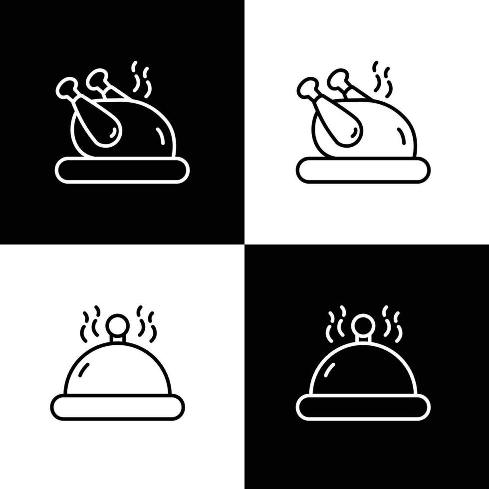 Food icons. Grill chicken, Hot food tray. Line with editable strock vector