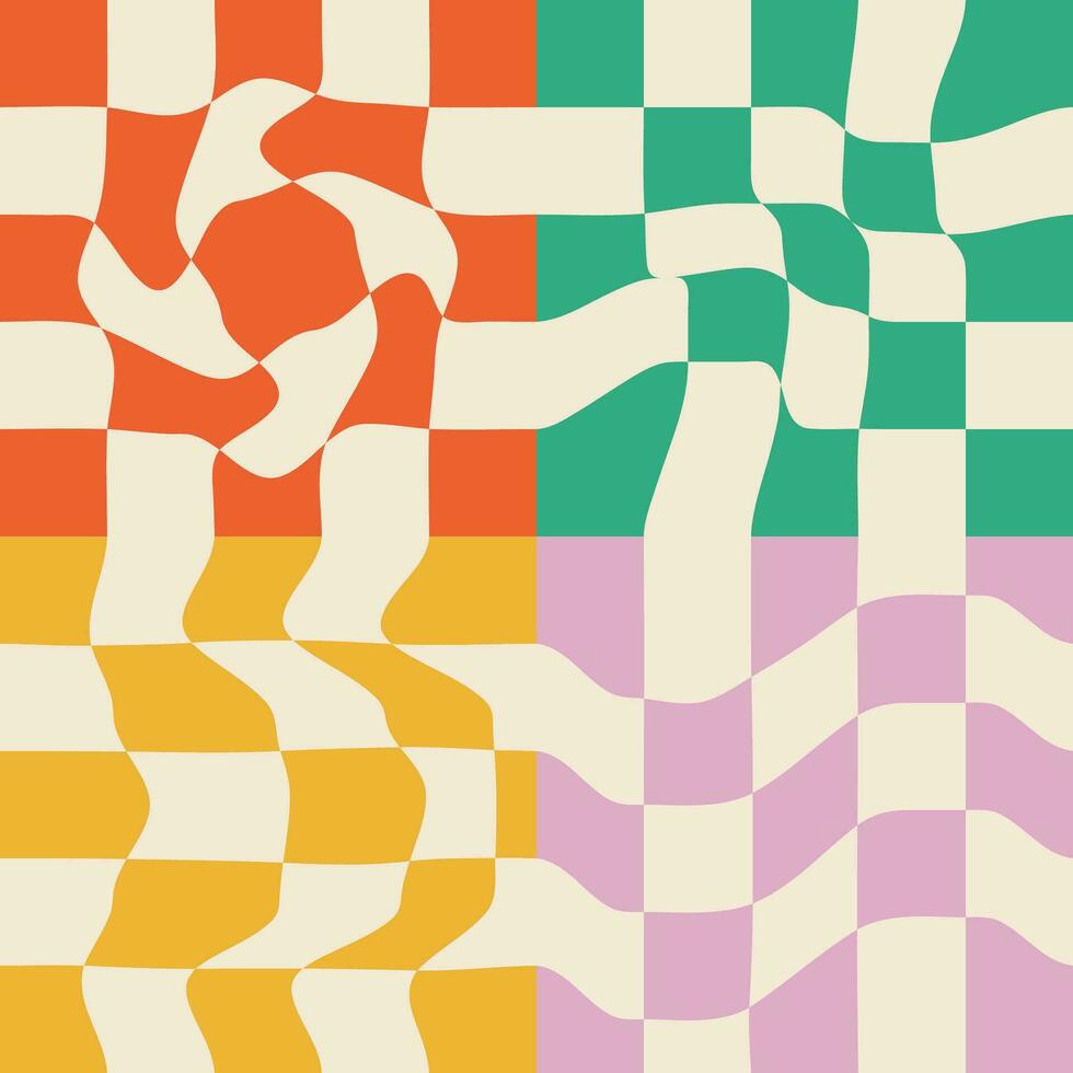 Groovy patterns. Set of vector backgrounds in trendy retro trippy style. Hippie 60s, 70s style. Yellow, red, green, purple colors.