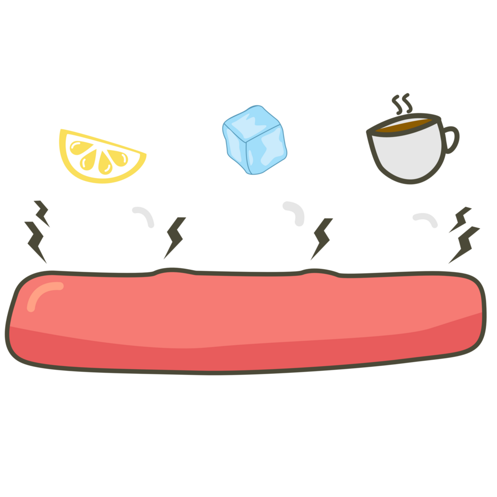 Sensitive teeth cartoon character with lemon, cold ice and hot drink in flat design. Tooth sensitivity symptom concept. png