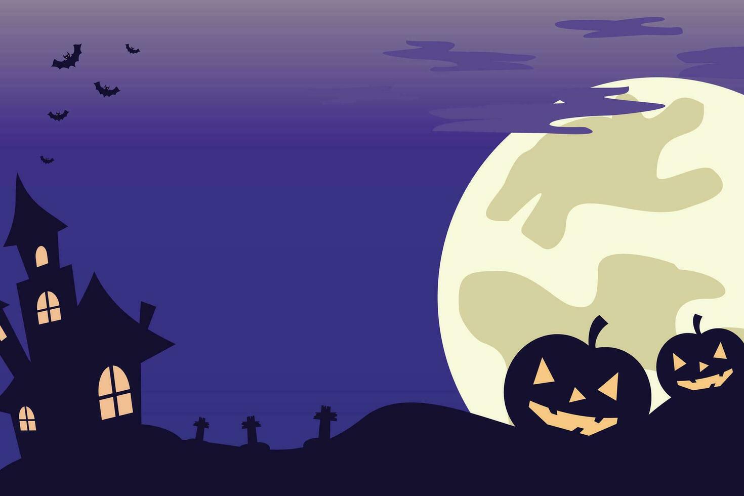 halloween celebration background with icons of moon, pumpkin, castle and copy space area. vector for banner, poster, greeting card, social media.