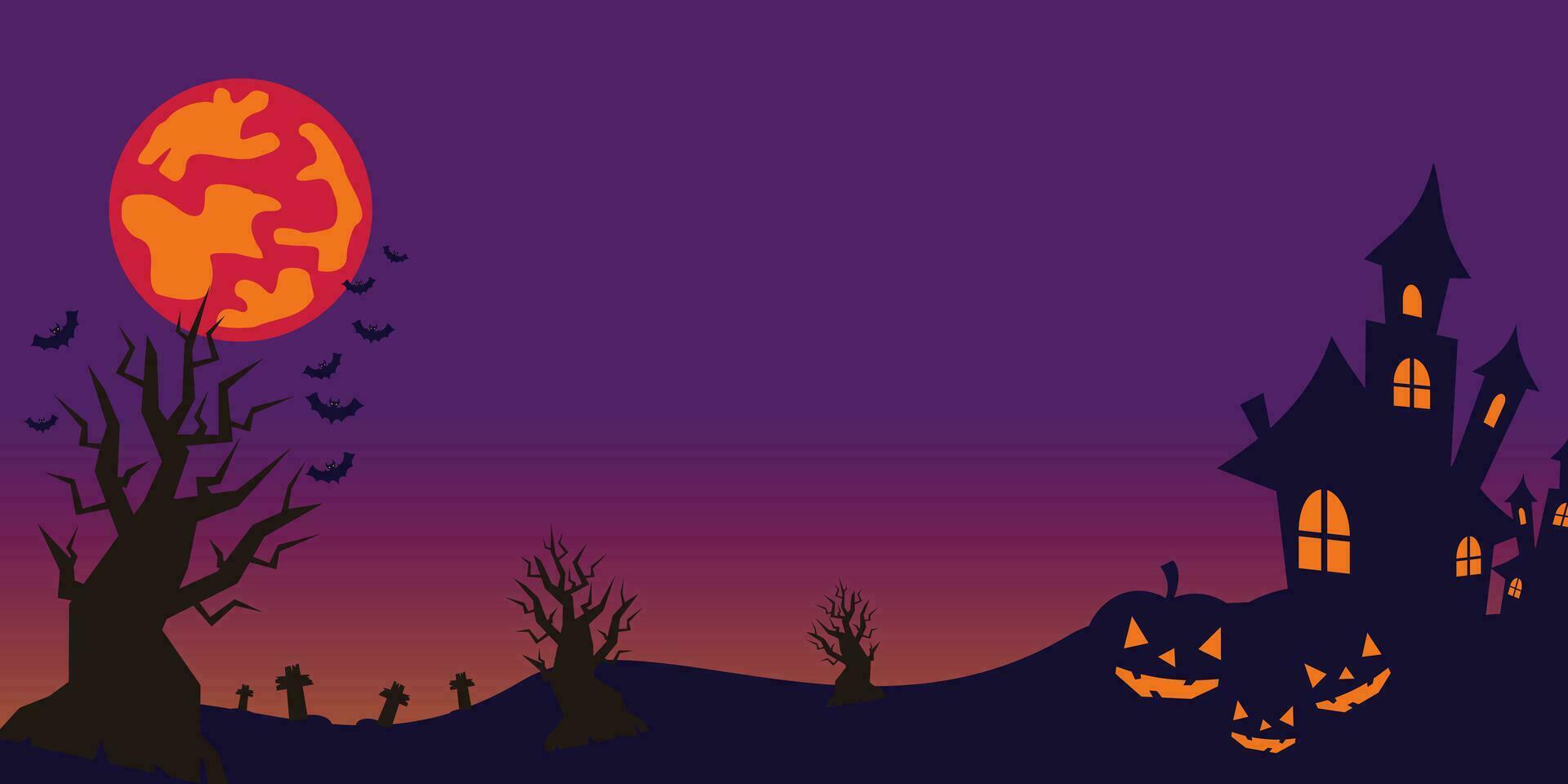 halloween background with icons of pumpkin, tree, castle, moon and copy space area. vector for banner, poster, greeting card, social media.