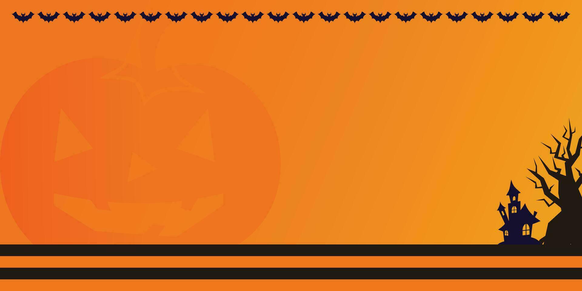 halloween celebration background with icons of pumpkin, tree, castle and copy space area. vector for banner, poster, greeting card, social media.