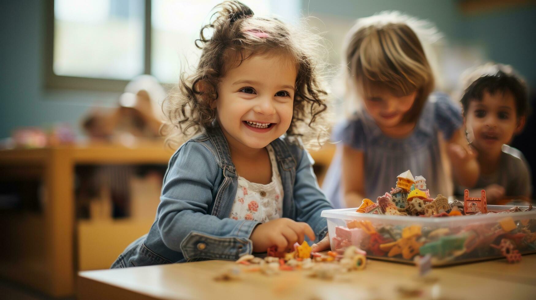 Excited children playing with toys in classroom photo