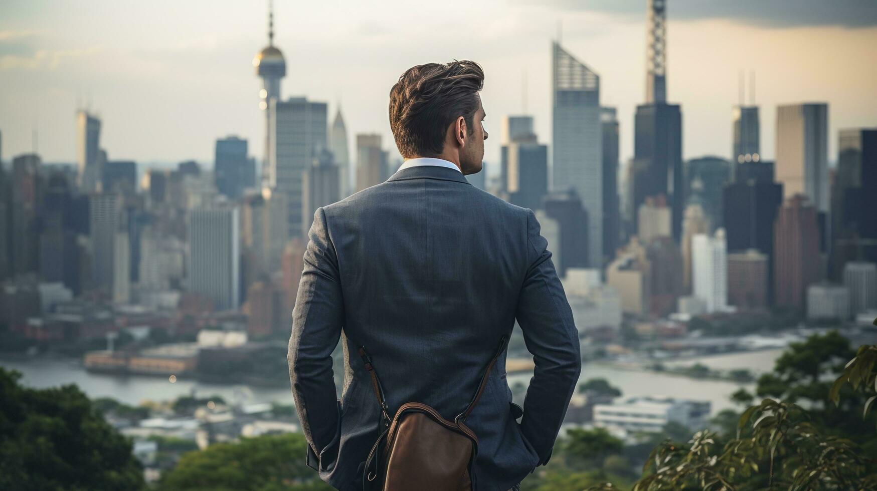 Thoughtful man looking out at city skyline photo