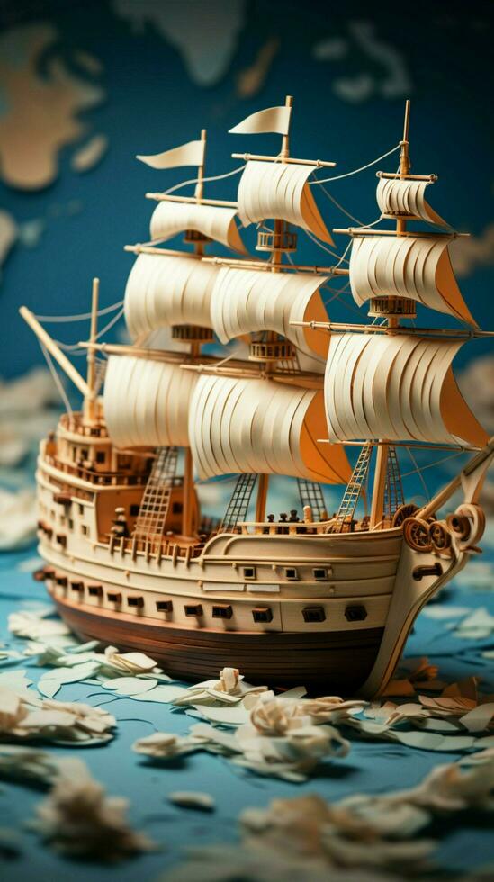 Journeying the world, boat sails on globe map, against white canvas Vertical Mobile Wallpaper AI Generated photo