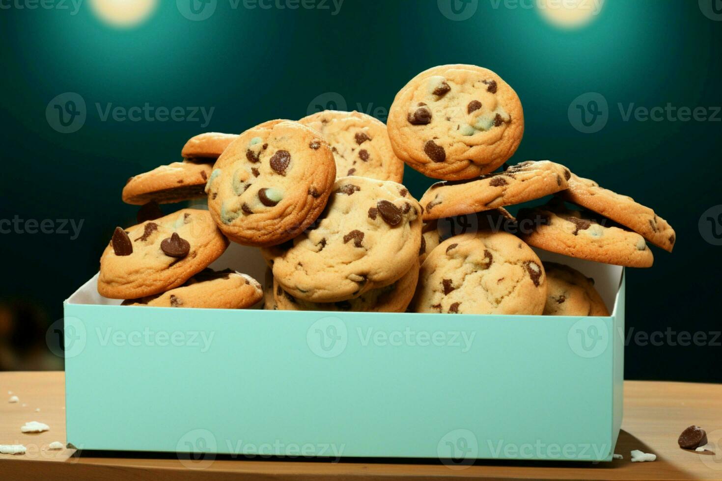 un papel caja derrames chocolate chip galletas en un tranquilo turquesa antecedentes ai generado foto