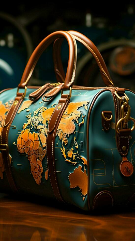Globetrotter s laundry, travel themed bag adorned with world map print Vertical Mobile Wallpaper AI Generated photo