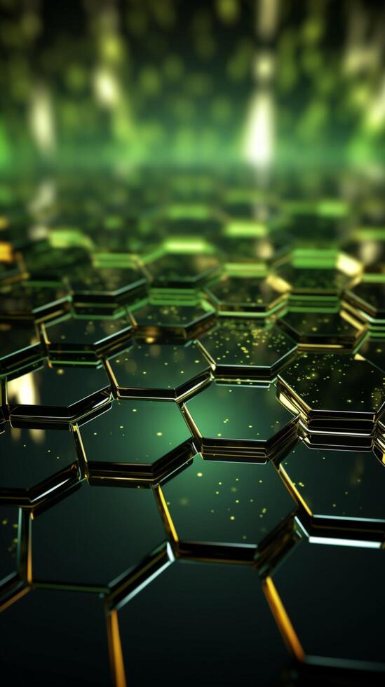 Luminous green hexagonal background in a futuristic digital environment. Vertical Mobile Wallpaper AI Generated photo