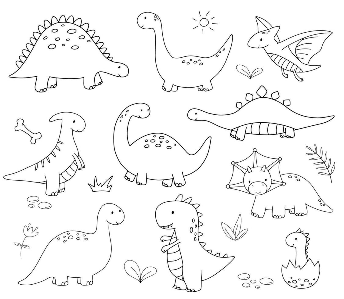 Set of cute little baby dinosaurs. Vector outline doodle illustrations isolated on white background for childish coloring book. Pterodactyl and T-rex