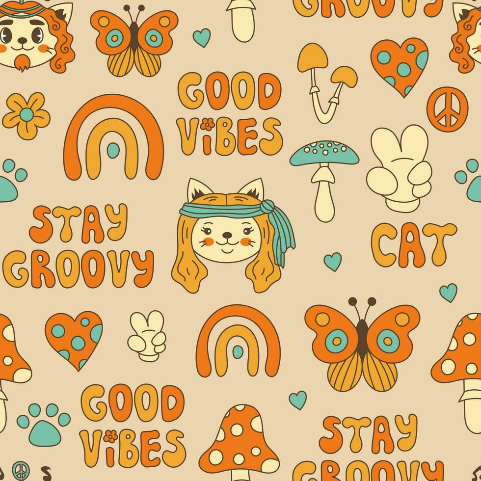 Hippie seamless background with cat vector
