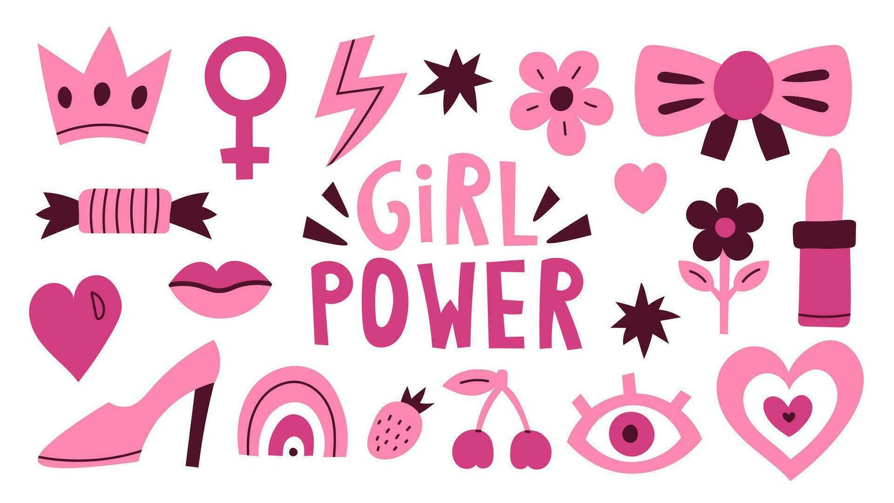 Girl power pink elements set vector