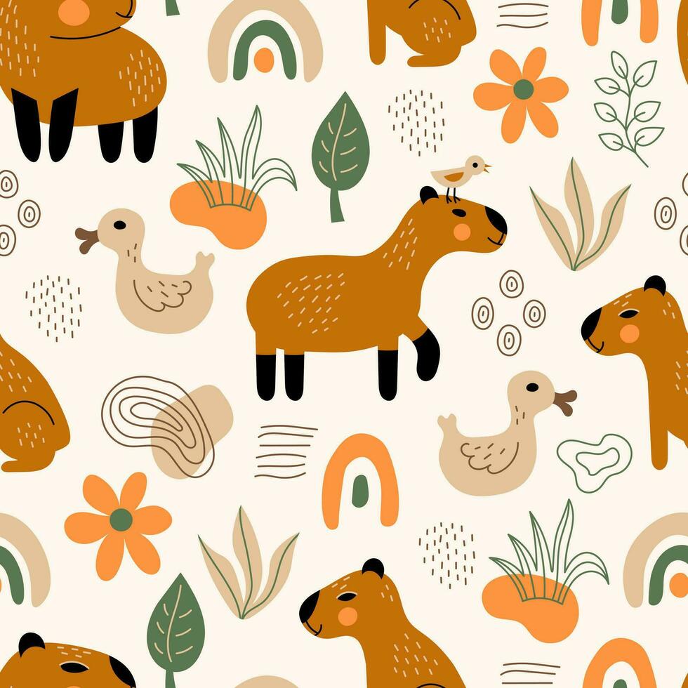 Capybara seamless pattern with doodle shapes vector