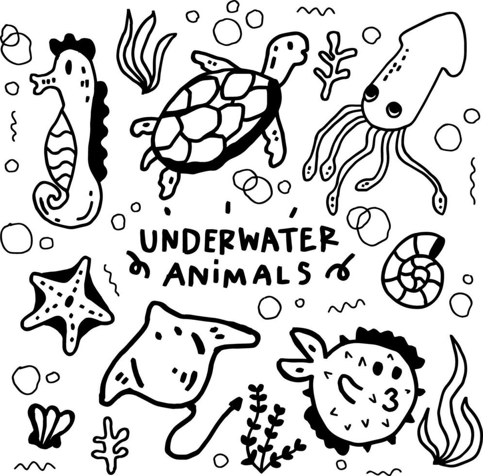 hand drawn underwater animals line design vector