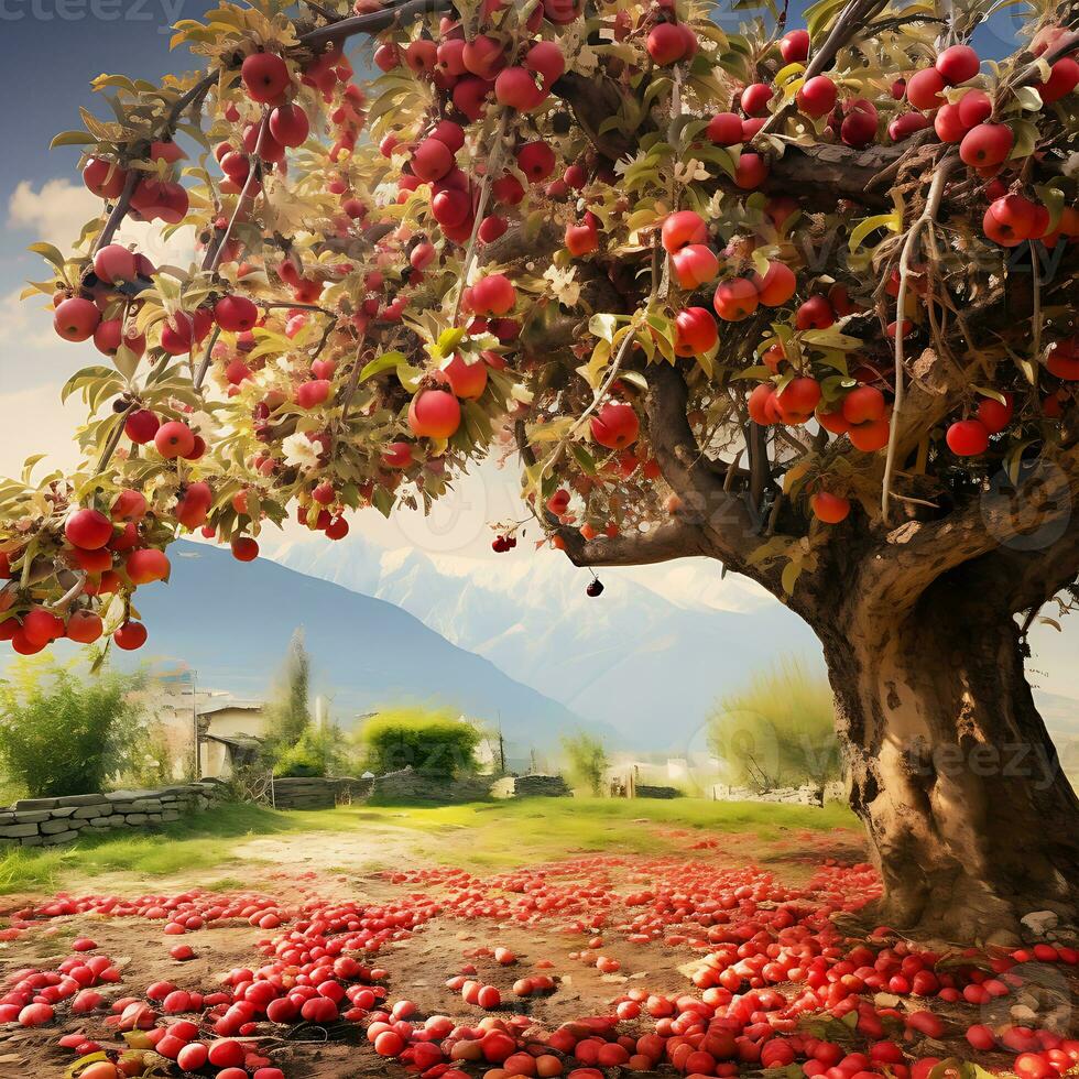 Lots of Red apple trees Garden Kashmir fantasy beautiful background photo