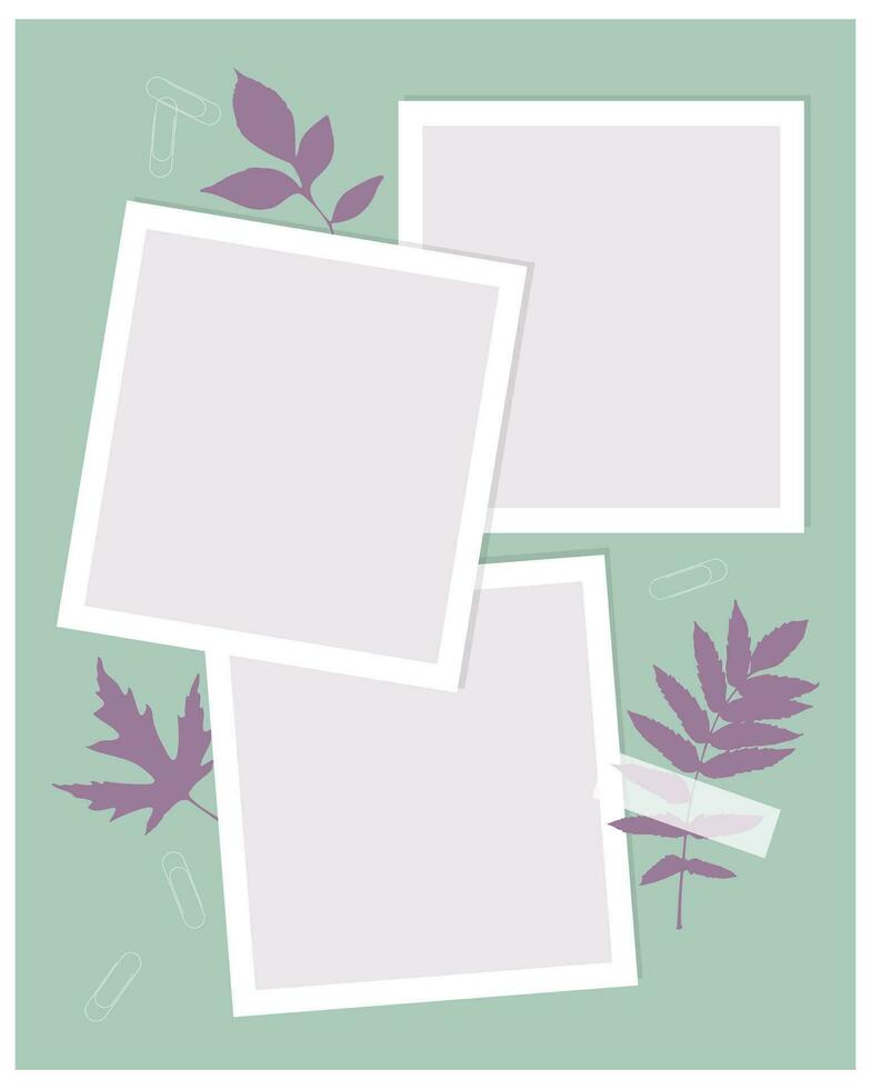 Photo book template vintage collage, reminders, social media, notes, to do list. Scrapbooking herbarium stamp leaves. vector