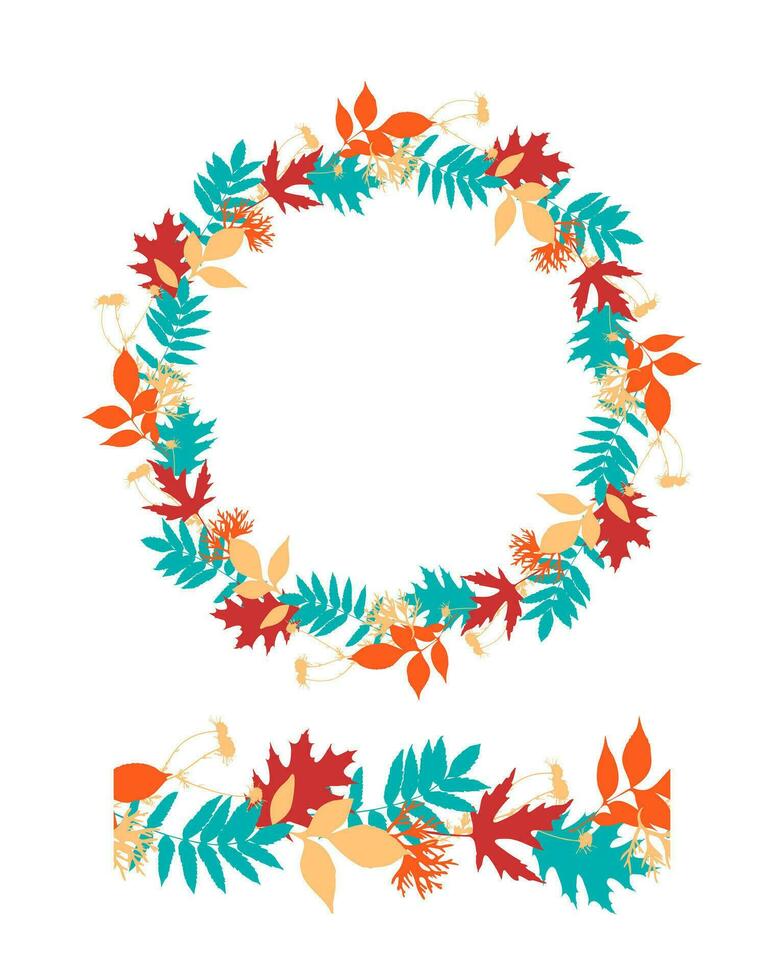Brush patterned seamless and wreath of autumn leaves, isolated, on a white background. vector