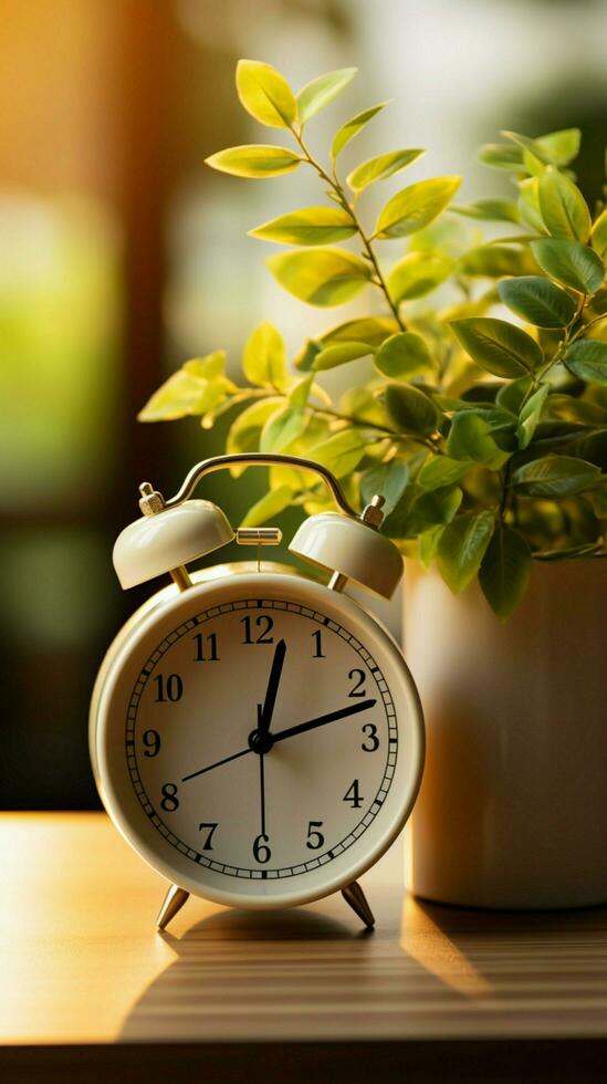 Classic alarm clock and potted houseplant grace wooden tabletop Vertical Mobile Wallpaper AI Generated photo