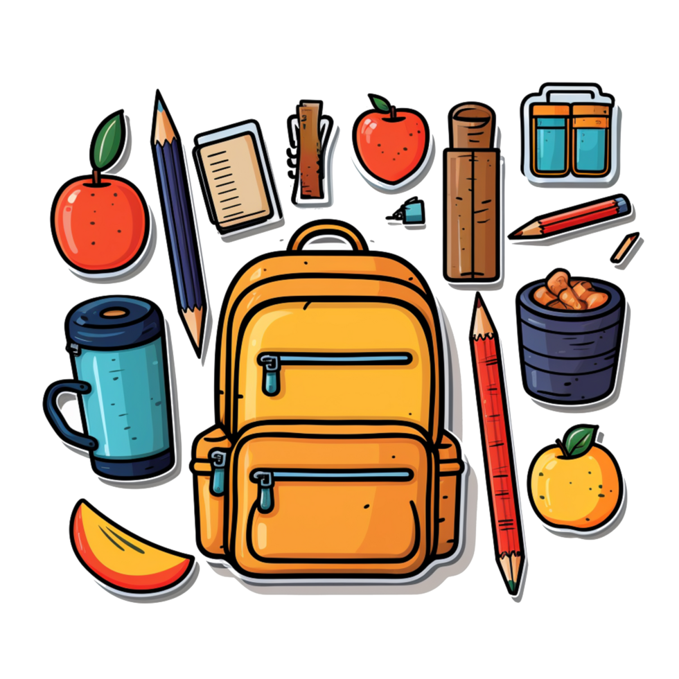 Get Ready for School Yellow Backpack and Surrounding School Supplies in Vibrant Display png