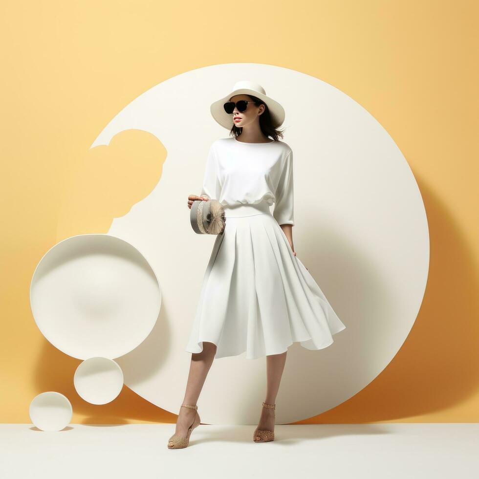 Minimalist fashion background with girl in white wear photo