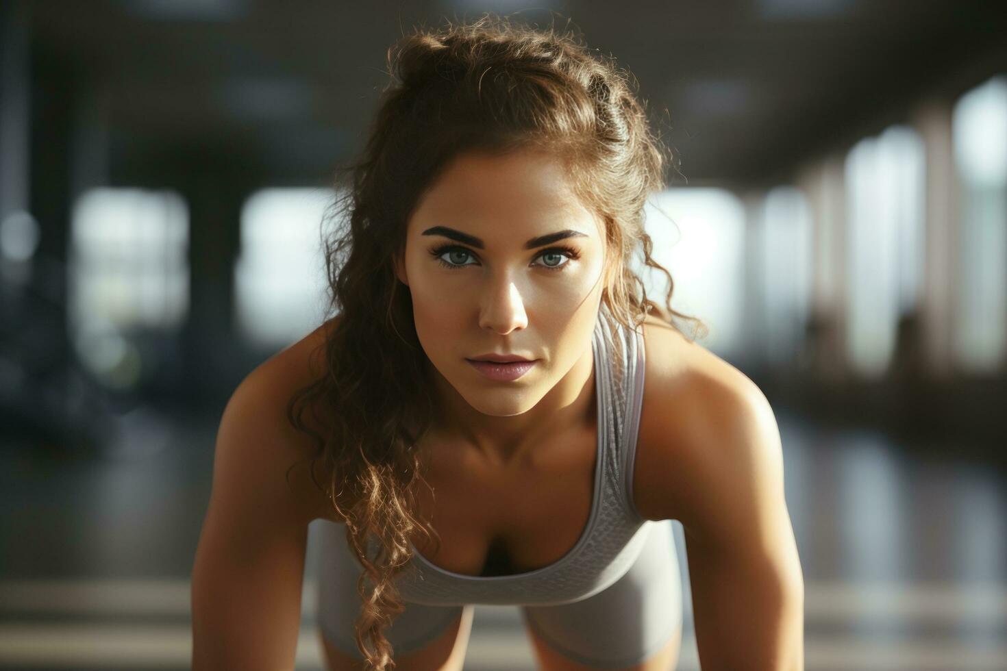 Athletic young woman stretching before workout photo