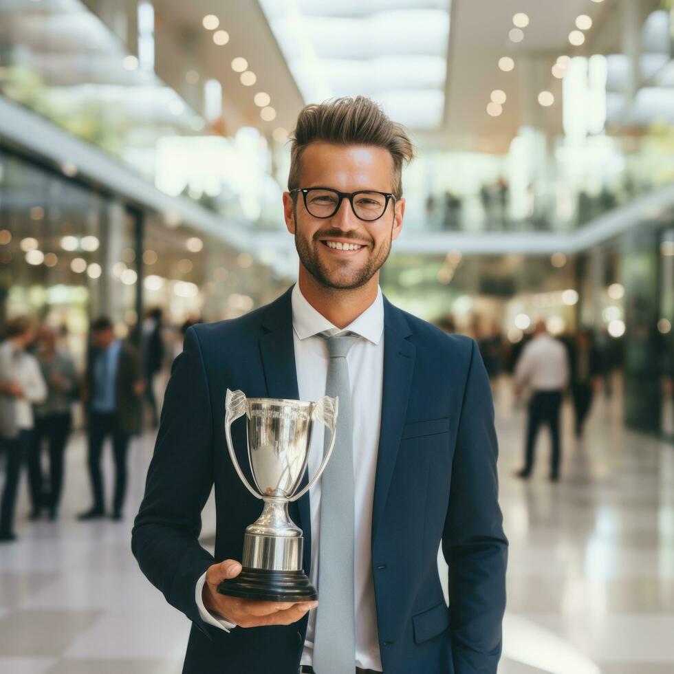 Success Businessman holding trophy with beaming smile photo