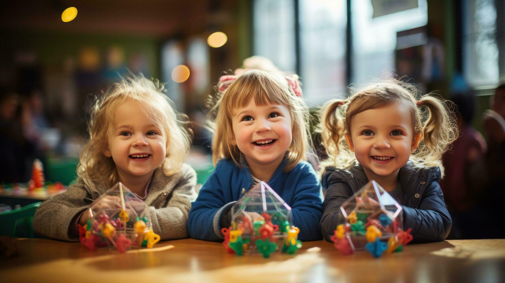 Excited children playing with toys in classroom photo