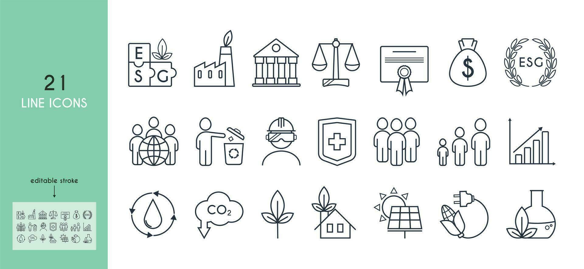 Set of icons on the environmental, social and governance aspects of sustainable and ethical business. ESG concept. Corporate vector