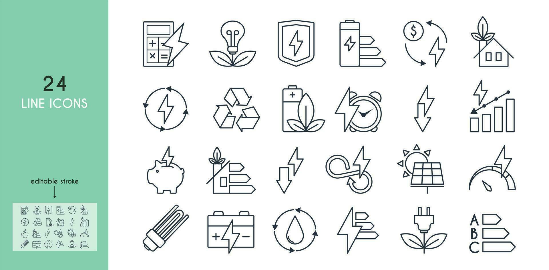 Energy saving and energy efficiency icon set. Calculator, energy-saving light bulb, piggy bank, solar panel, circular economy, battery, home insulation, energy class vector illustration. Outline signs