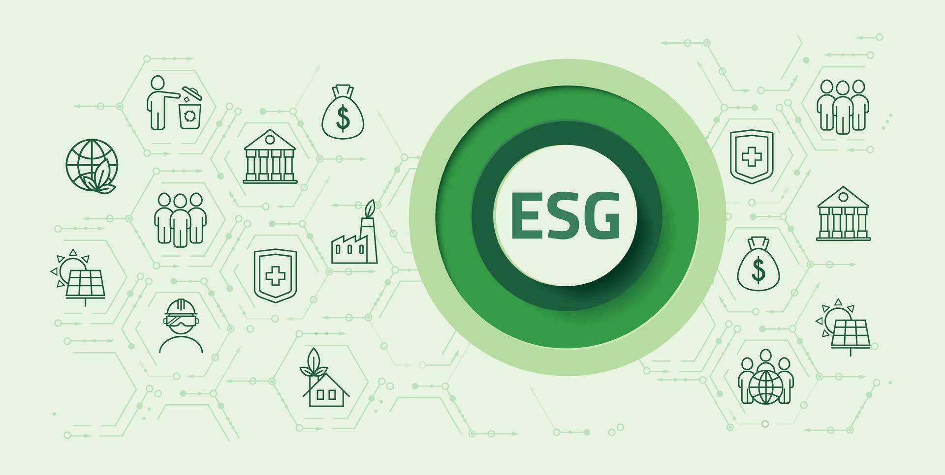 esg. ambiental, social y gobernancia. bandera, vector ilustración en un circulo en un verde antecedentes. el concepto de responsable negocio.