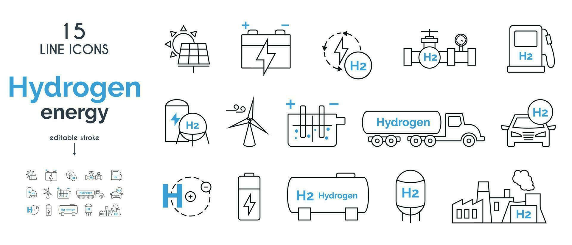 A set of linear icons related to hydrogen energy. Clean energy. vector