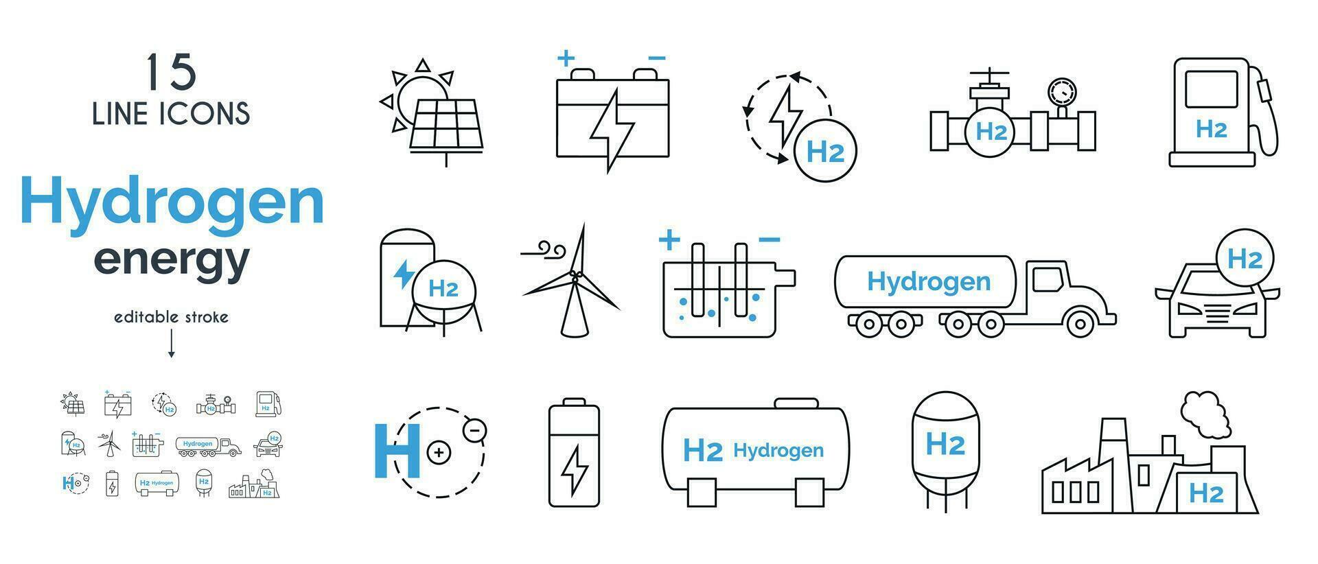 A set of linear icons related to hydrogen energy. Clean energy. vector