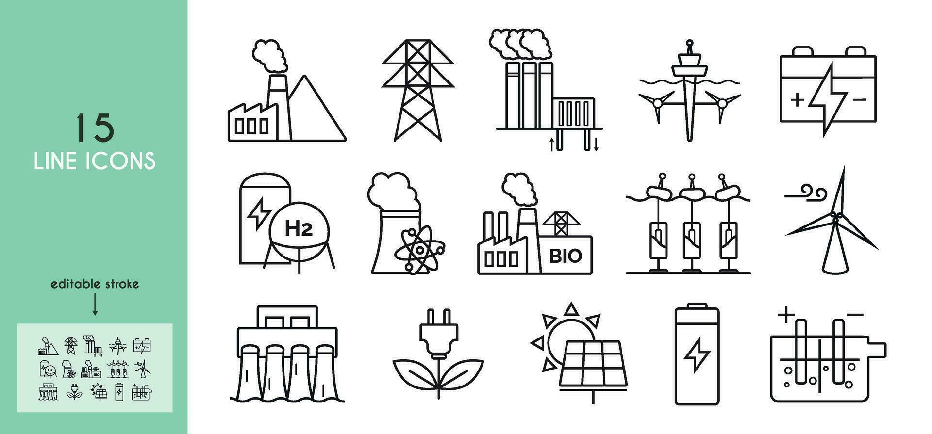 poder planta línea íconos colocar. eléctrico alambres, eléctrico polo, carbón, geotermia, solar, viento, nuclear, hidro, biomasa, ola, de marea poder plantas. electrólisis. vector