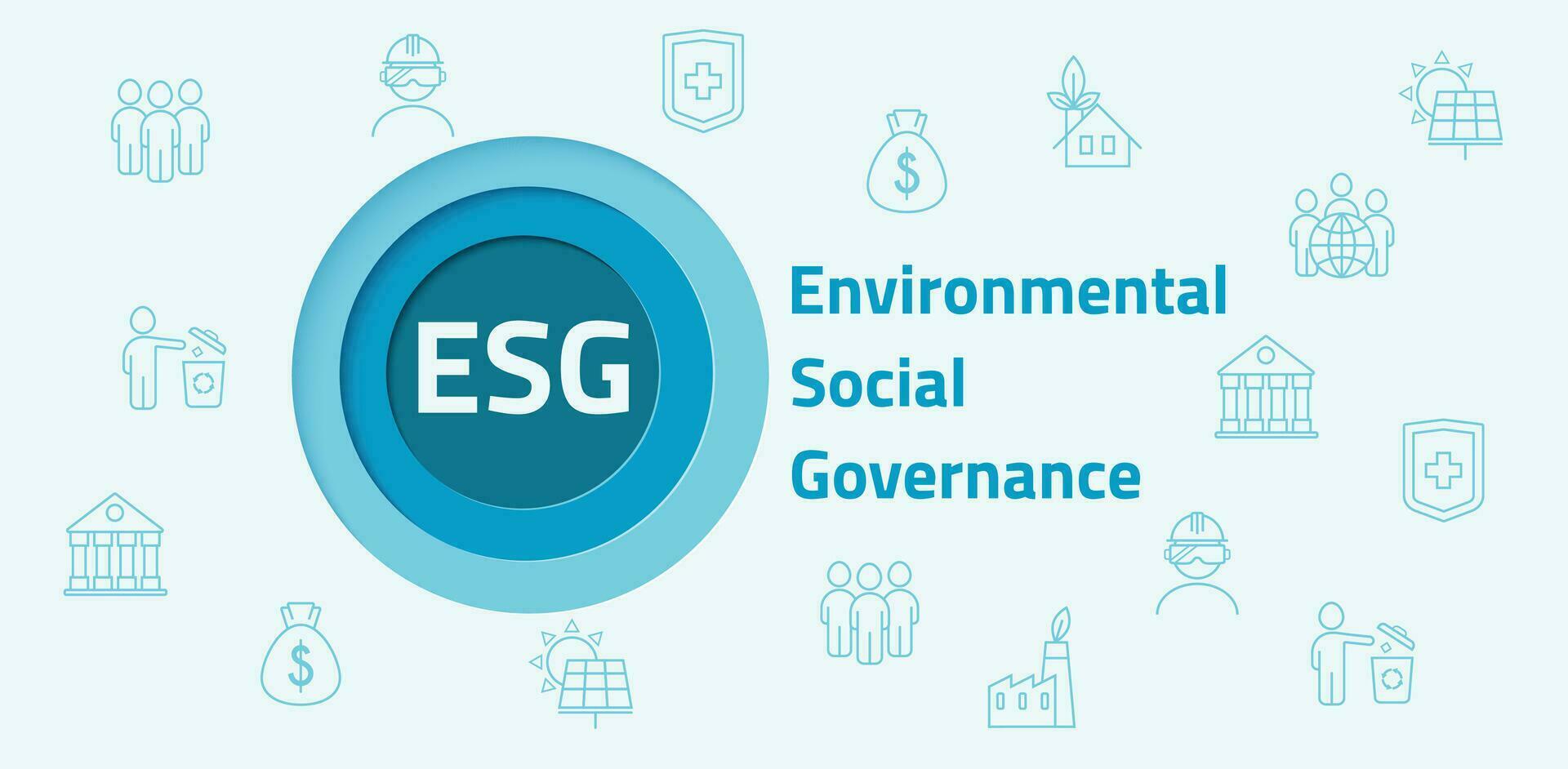 ESG. Environmental, Social and Governance. Banner, vector illustration in a circle on a blue background. The concept of responsible business.