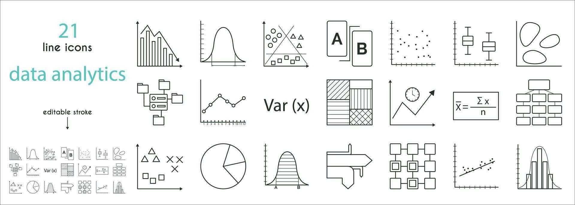 A set of data analytics icons. Linear regression, distribution density, heat map, testing, time series, correlation coefficient, classification, regression analysis, linked data, clustering, trends vector