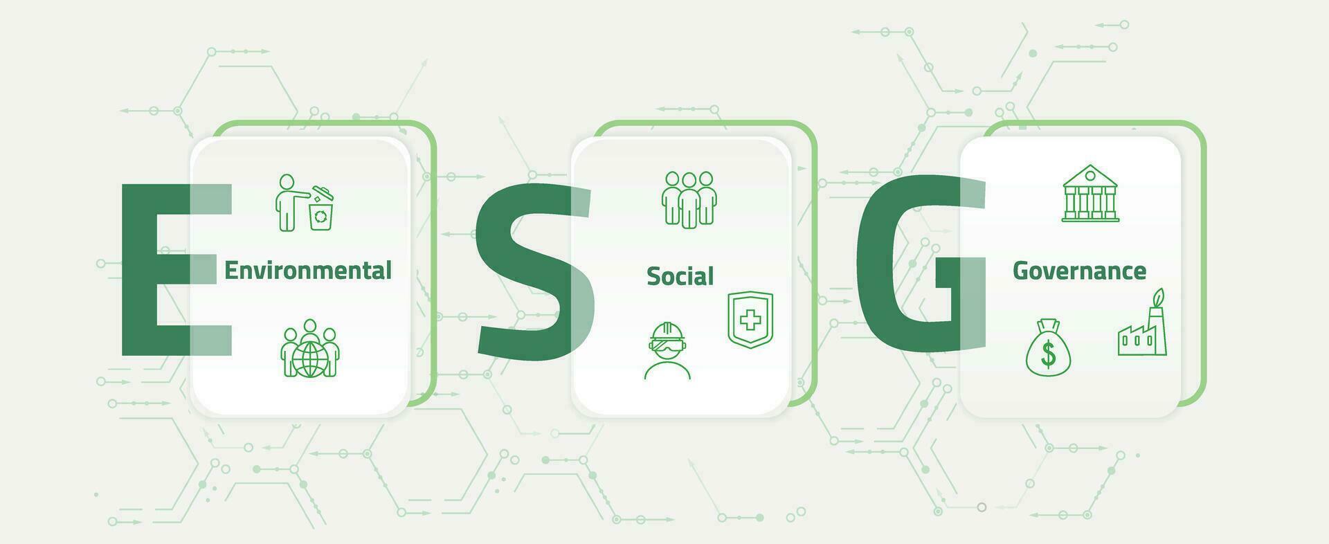 ESG. Environmental, Social and Governance. Banner, vector illustration on a green background. The concept of responsible business.