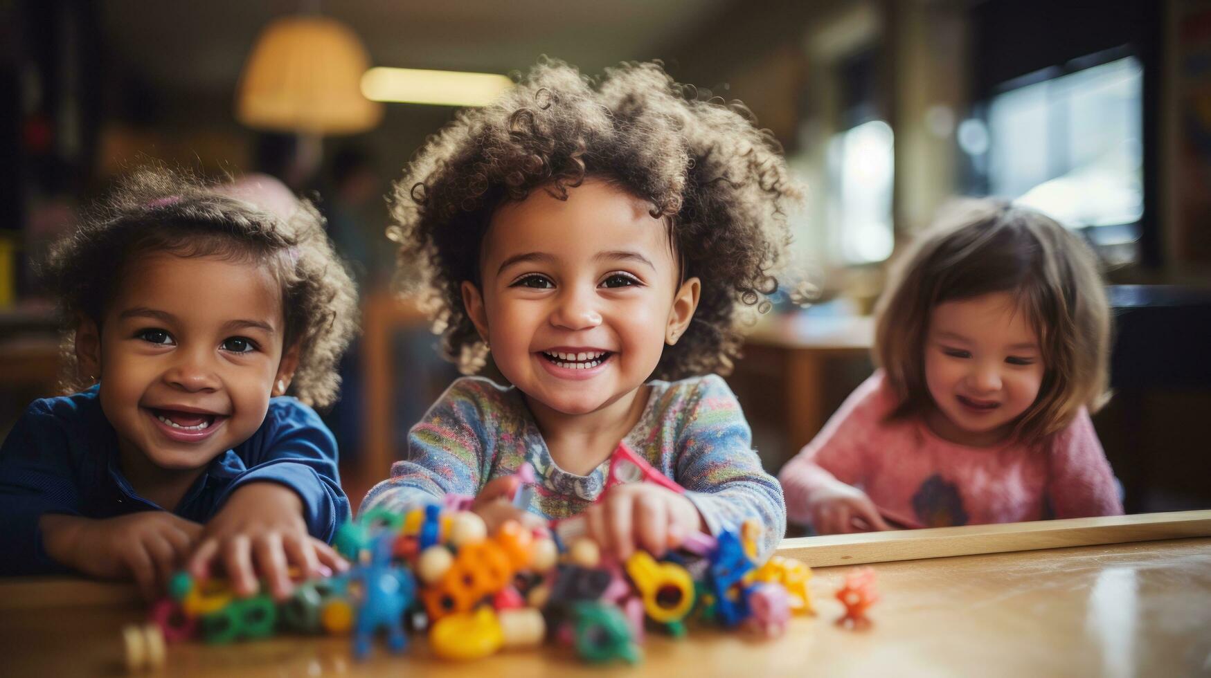 Excited children playing with toys in classroom photo